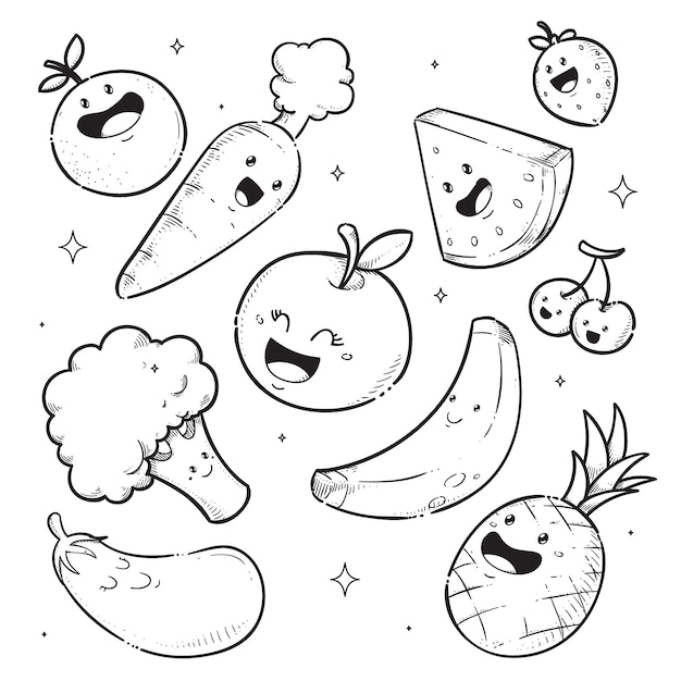 Free vector hand drawn kawaii coloring book with fruits