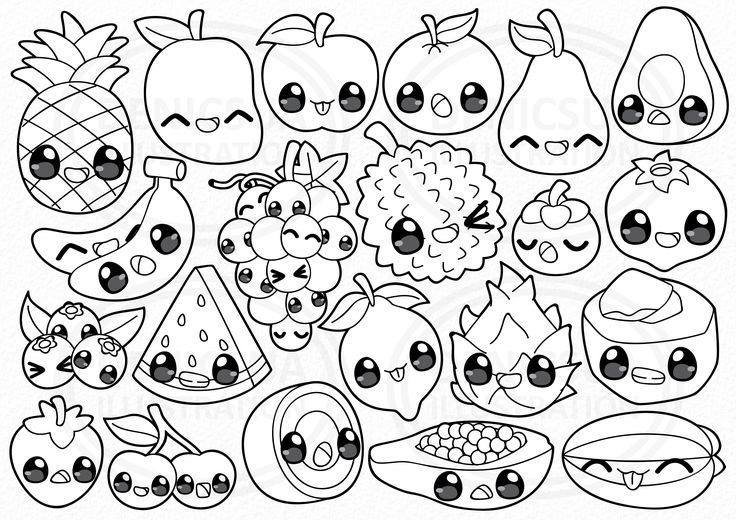 Kawaii fruit clipart cute fruits vector baby fruit healthy food family fruits digital download png line clip art nursery printable