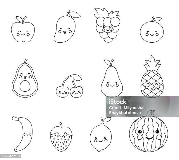 Coloring page with cute kawaii fruits and berries set of black and white fruits stock illustration