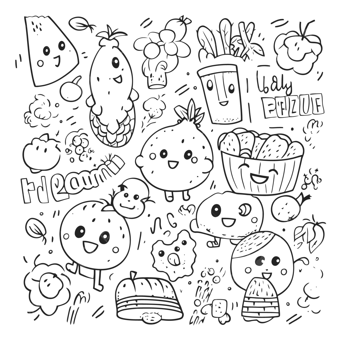 Kawaii coloring page with doodling images of fruit and vegetables outline sketch drawing vector kawaii drawing fruit drawing wing drawing png and vector with transparent background for free download