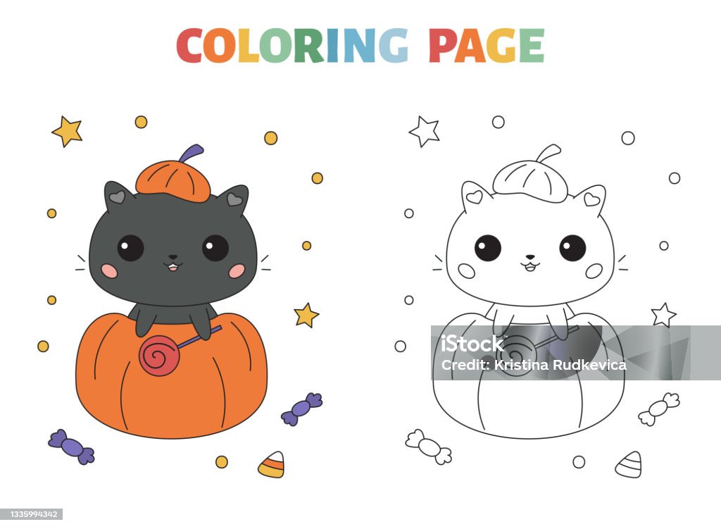 Halloween coloring page with cute black cat in pumpkin cartoon kawaii character educational game for preschool children vector illustration for coloring book stock illustration