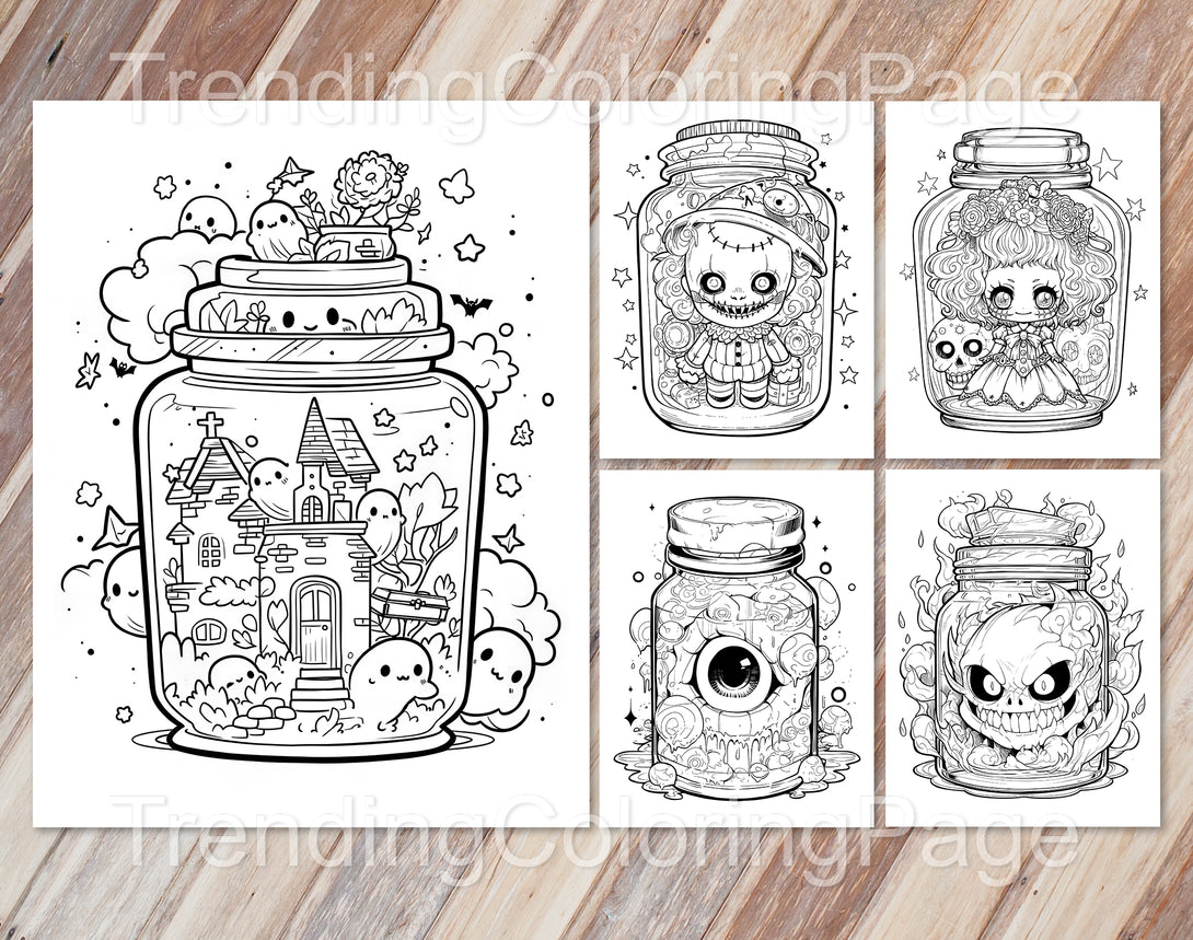 Kawaii halloween in jar coloring pages