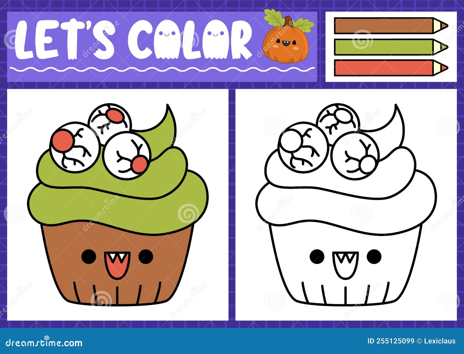 Halloween coloring page for children with cute kawaii scary cupcake vector autumn holiday outline illustration stock vector