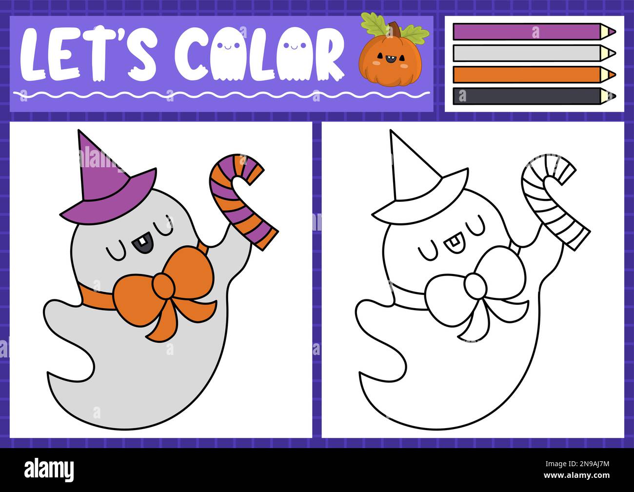 Halloween coloring page for children with cute kawaii ghost candy cane vector autumn holiday outline illustration color book for kids with colored stock vector image art