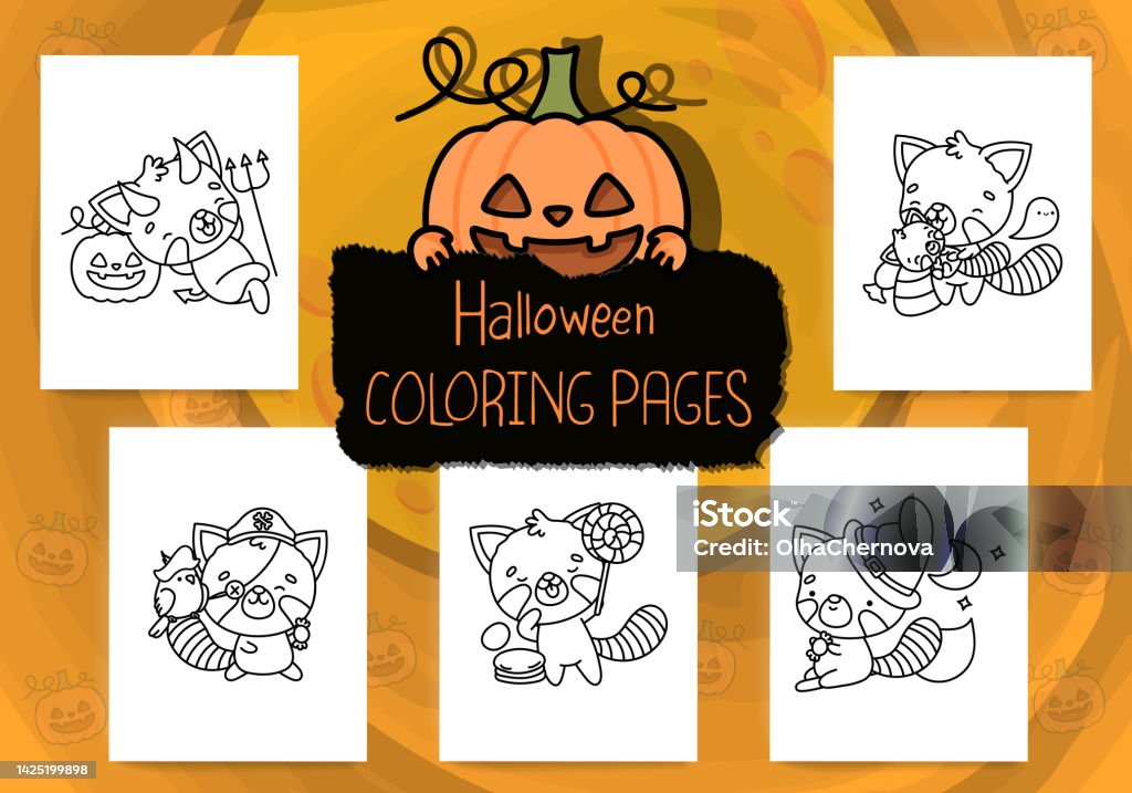 Cute halloween coloring pages collection of kawaii outline halloween red panda cute doodle halloween red panda set of five outline animals vector for halloween coloring book stock illustration