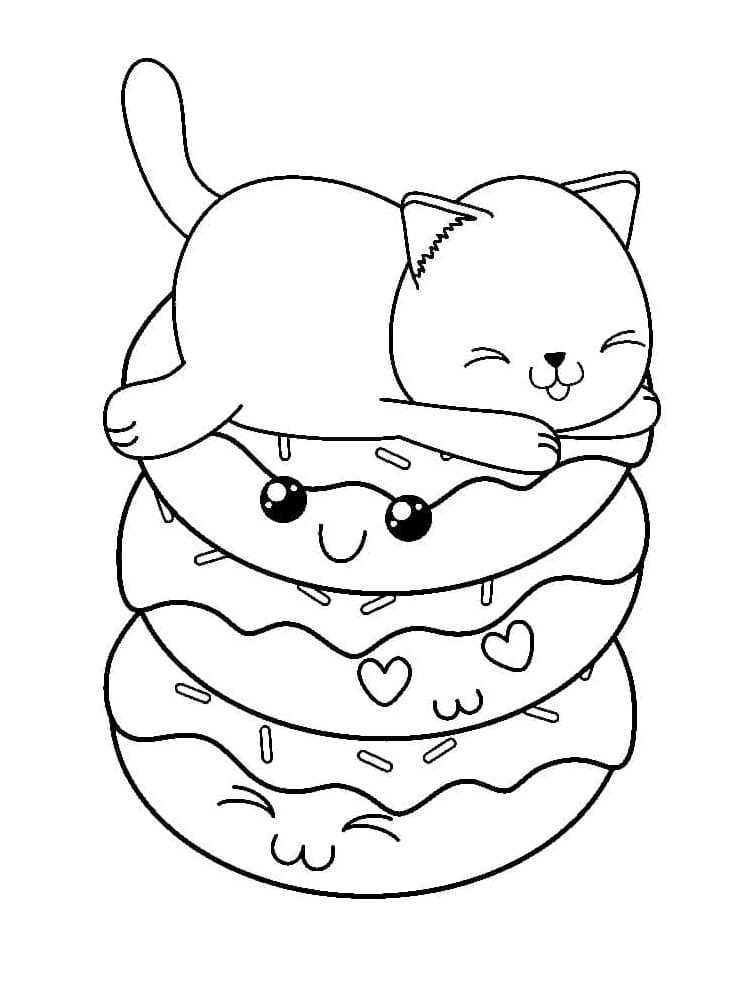 Kawaii donut and kitten coloring page