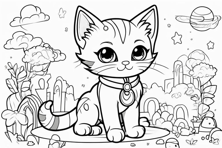 A detailed line illustration of a print of a colorful kitten perfect position