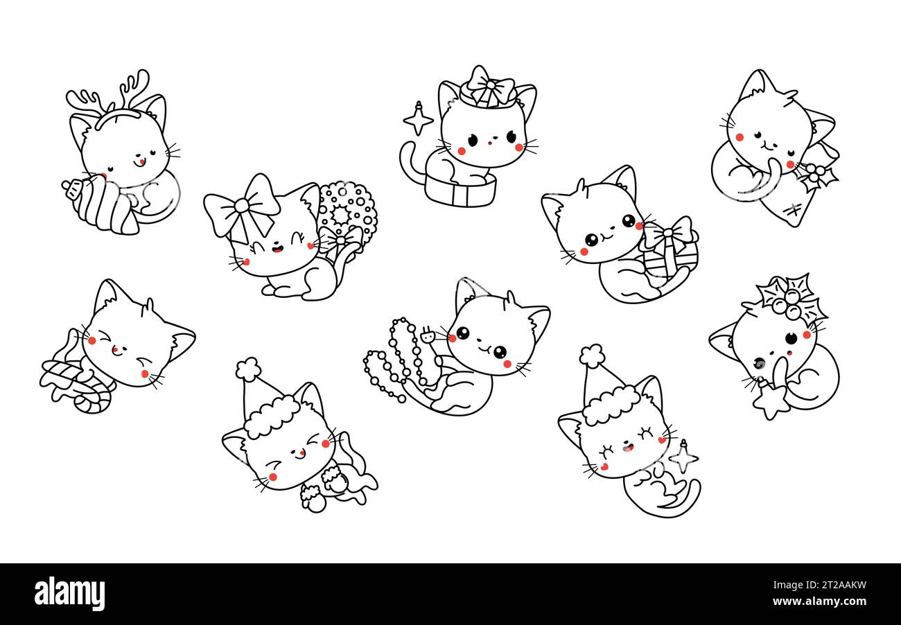 Set of kawaii christmas cat coloring page collection of cute vector christmas kitten outline stock vector image art