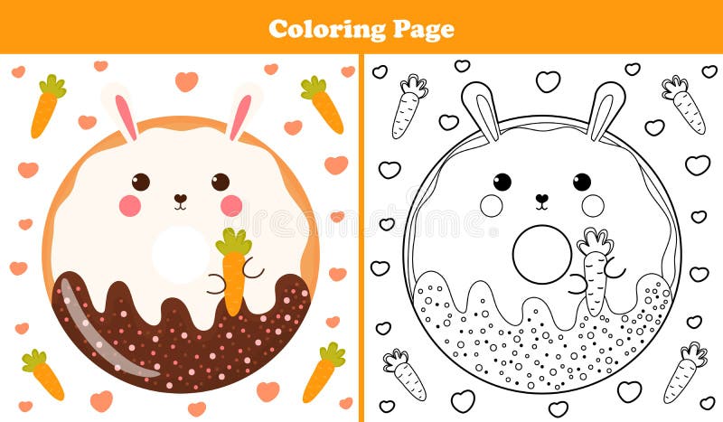 Printable coloring page for kids with sweet bunny or rabbit shape donut with icing and chocolate in cartoon style game stock vector