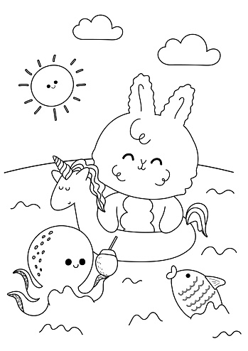 Coloring page of a cute kawaii rabbit swimming in the sea wearing a unicorn pool ringantistress coloring book for adults and children stock illustration