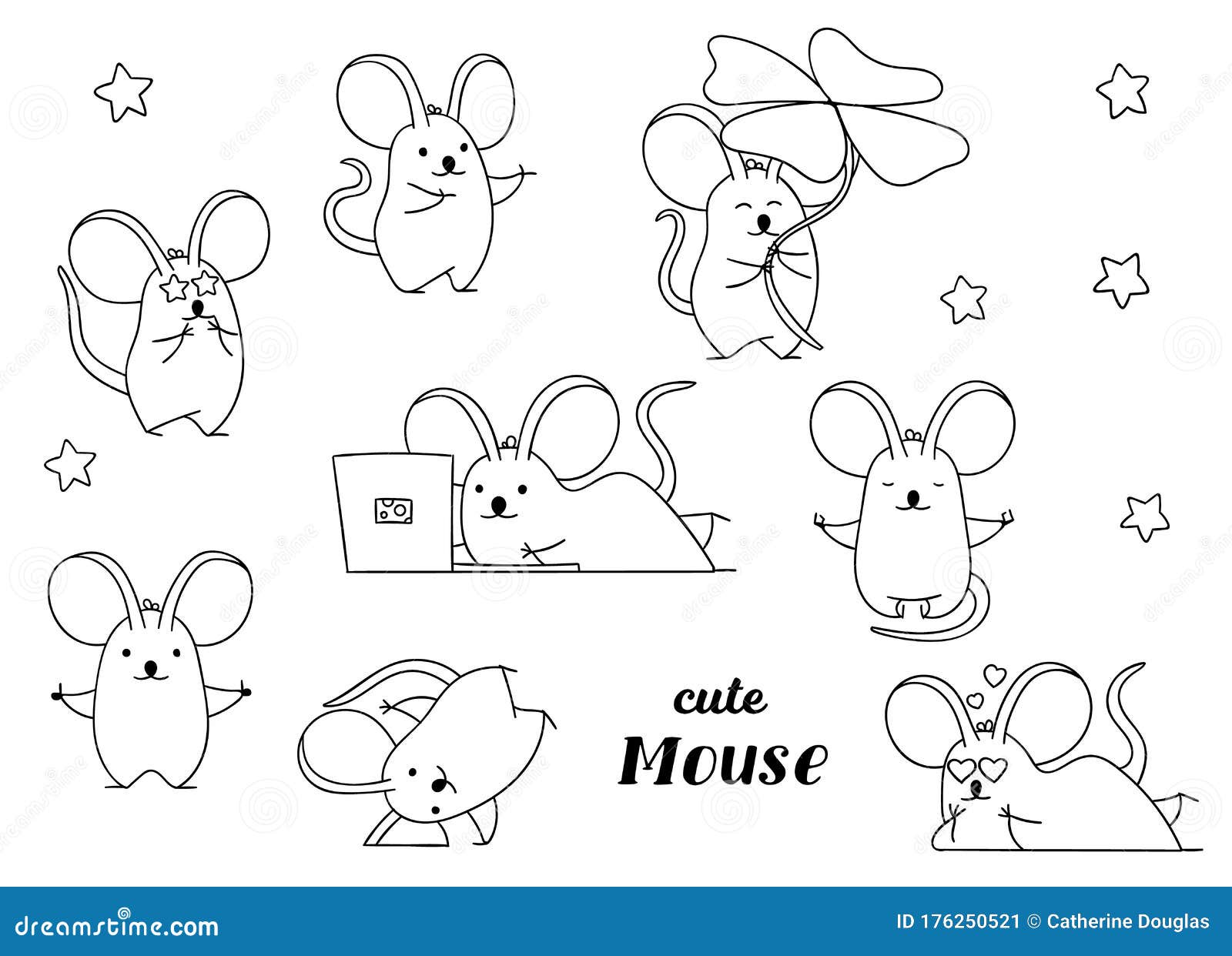 Coloring pages black and white set cute kawaii hand drawn mouse doodles stock vector