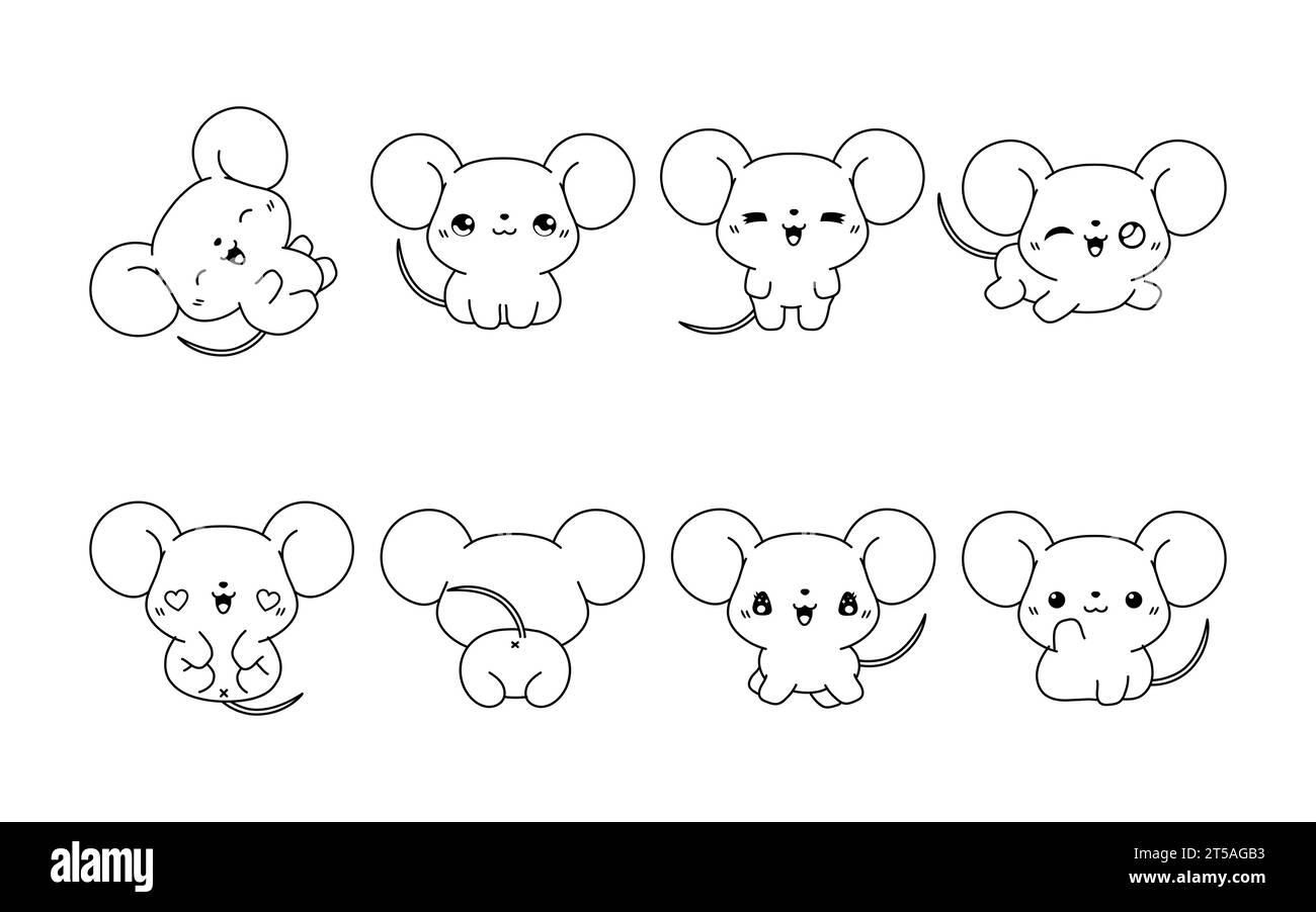 Set of kawaii isolated baby rat coloring page collection of cute vector cartoon mice outline for stickers baby shower coloring book prints for stock vector image art