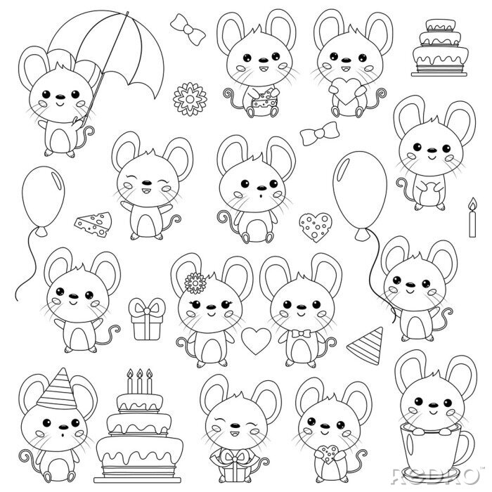 Akat coloring page for kids vector set of cute kawaii cartoon mice na wymiar â charakter zabawny kontur â