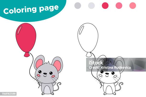 Coloring page for kids cartoon kawaii mouse with pink balloon stock illustration