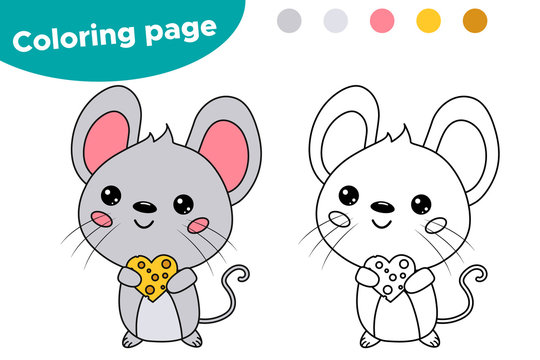Coloring page for kids cute mouse with cheese heart valentine day vector kawaii cartoon character vector