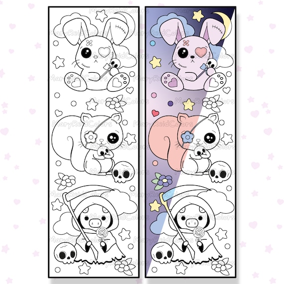 Printable coloring bookmarks halloween coloring bookmarks creepy kawaii coloring page bookmark to color kawaii printable goth printable