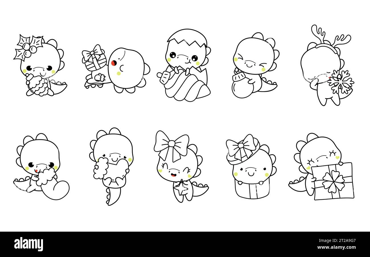 Set clipart christmas dino coloring page and colored illustration kawaii xmas dinosaur stock vector image art