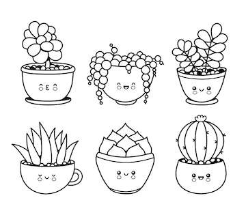 Premium vector cute happy funny succulents plantscactiflower emoji set collectionvector coloring cartoon kawaii character illustrationplants page for coloring book bundle conceptisolated on white background