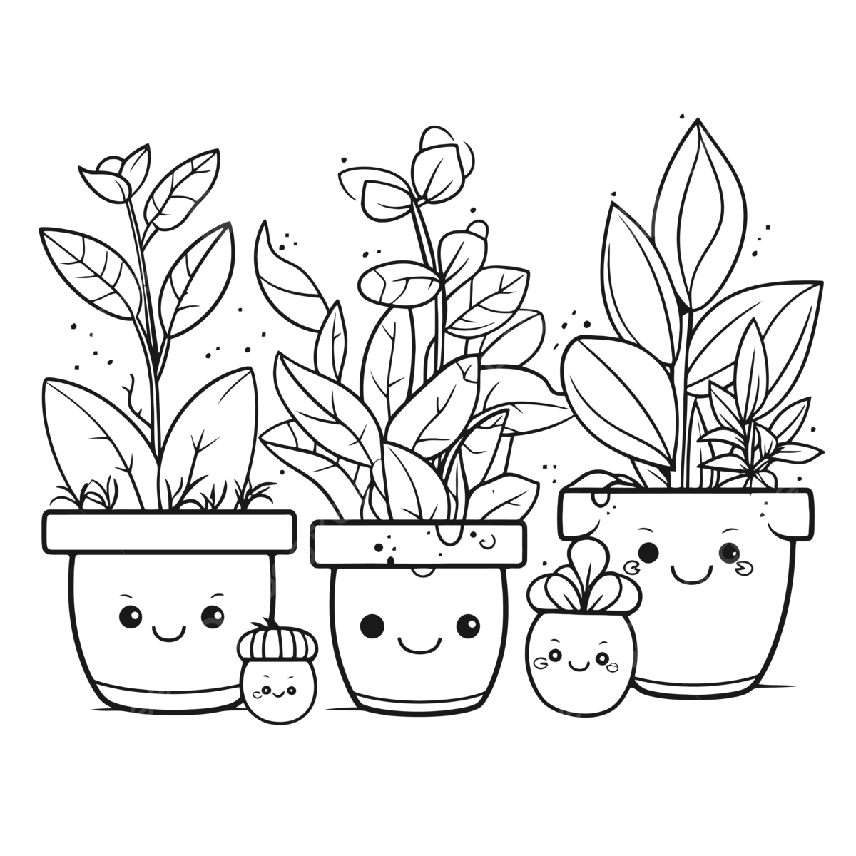 Three kawaii plants with smiling faces coloring book drawing isolated on white outline sketch vector book drawing kawaii drawing plant drawing png and vector with transparent background for free download