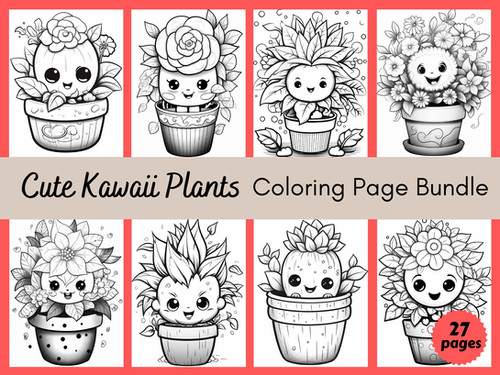 Cute kawaii plants coloring page bundle color it up
