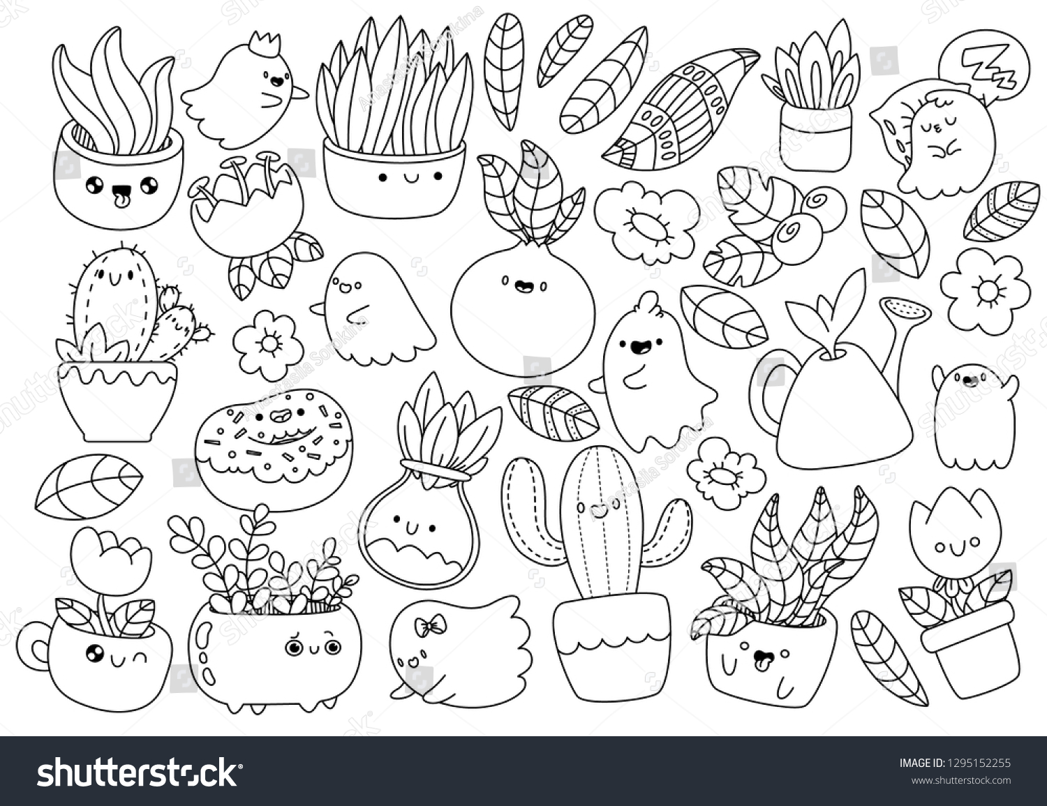 Plants monsterscute cartoons kawaii style coloring stock vector royalty free