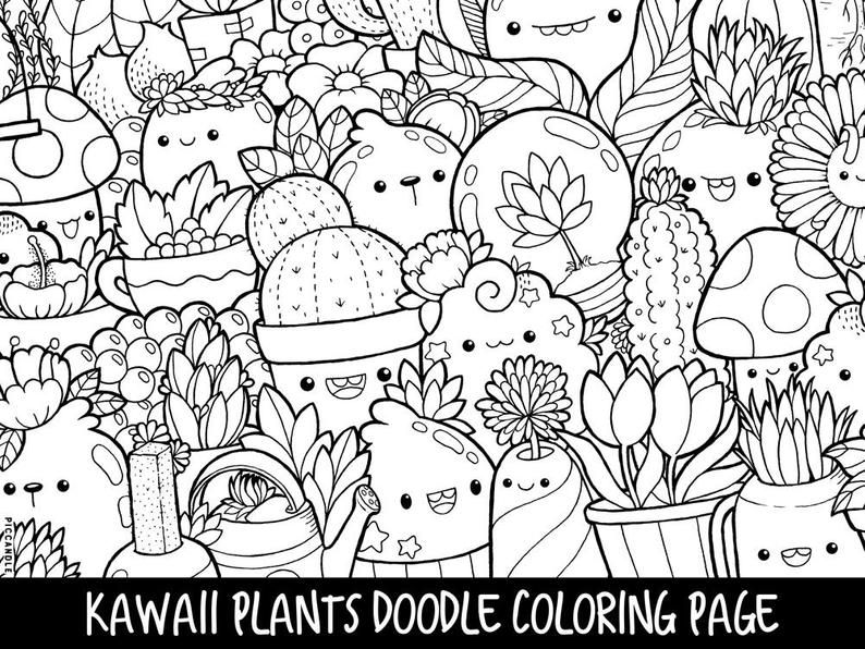 Plants doodle coloring page printable cutekawaii coloring