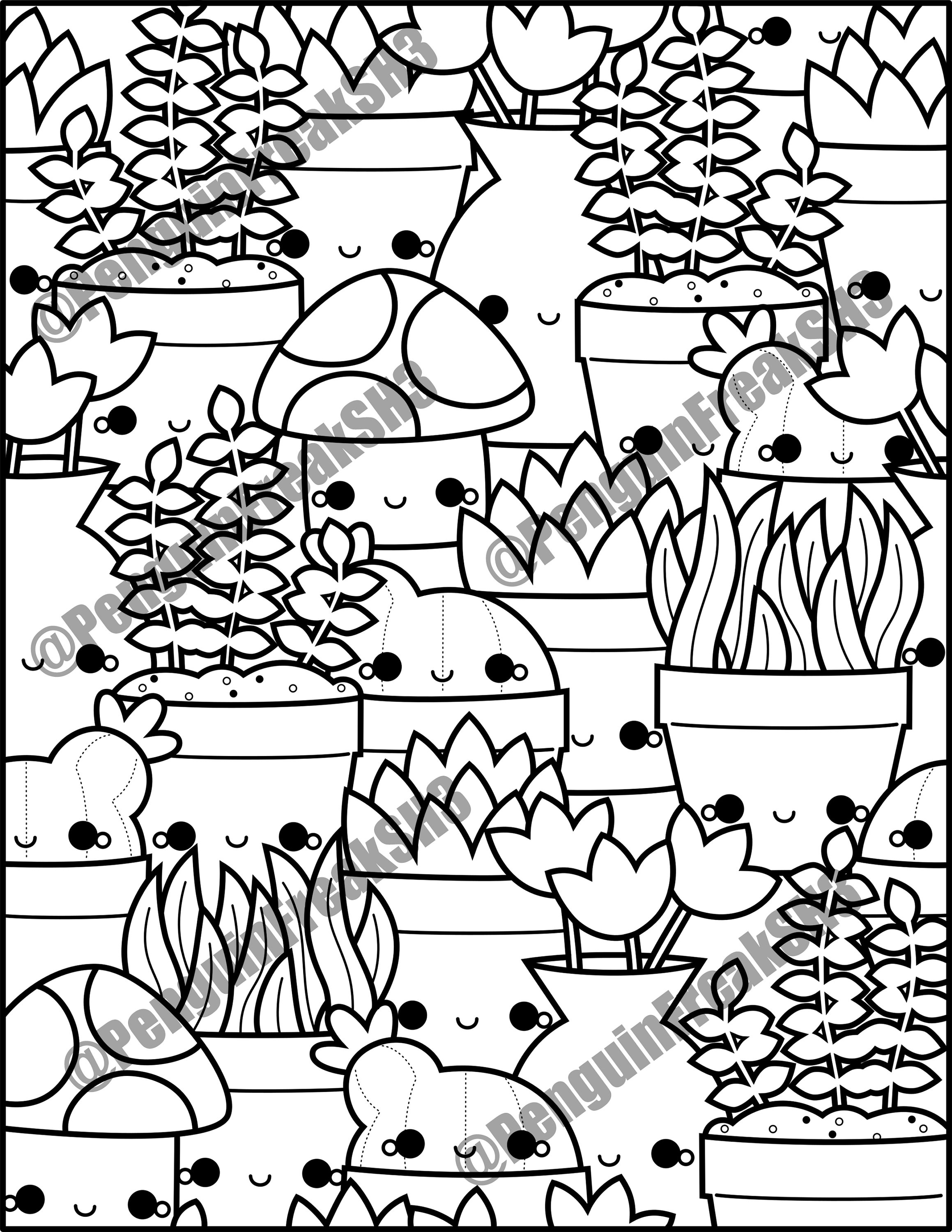 Happy plants coloring page kawaii cute coloring page mushroom succulents cactus potted plants digital download printable color fun