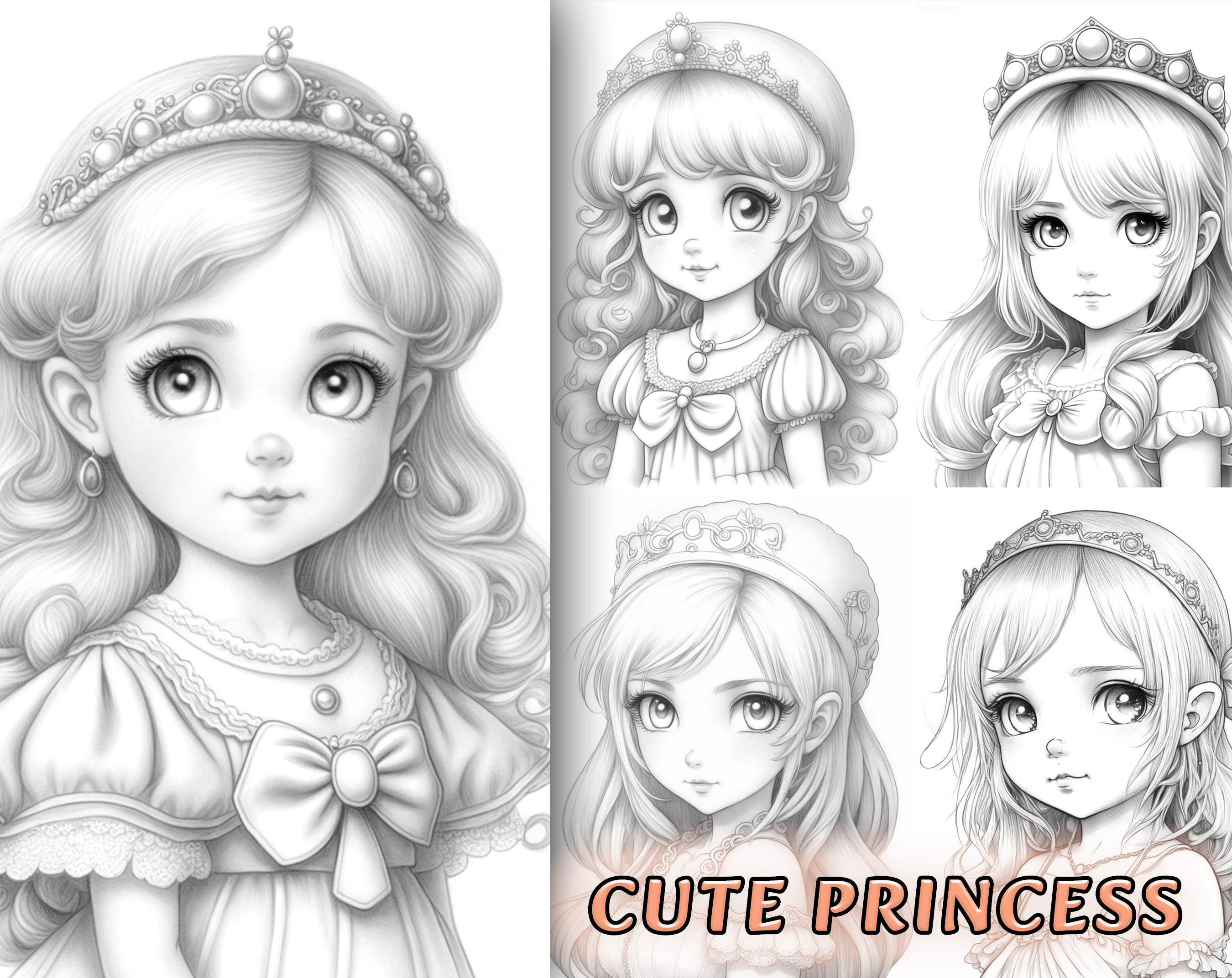 Cute princess coloring pages adults kids coloring book instant download grayscale coloring page printable pdf download now