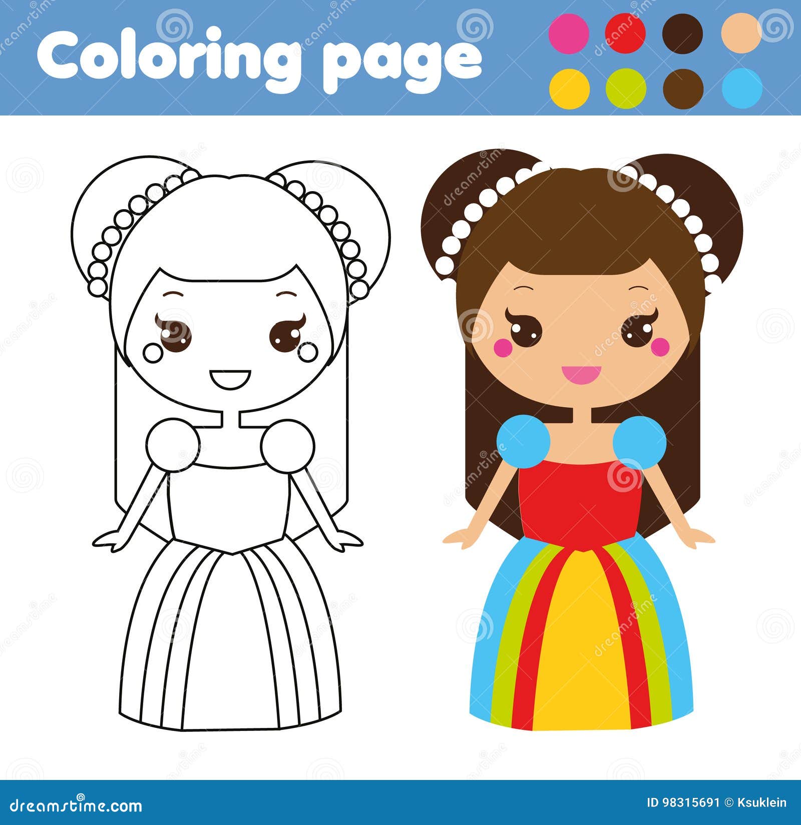 Coloring page with cute princess character in kawaii style drawing kids game printable activity stock vector