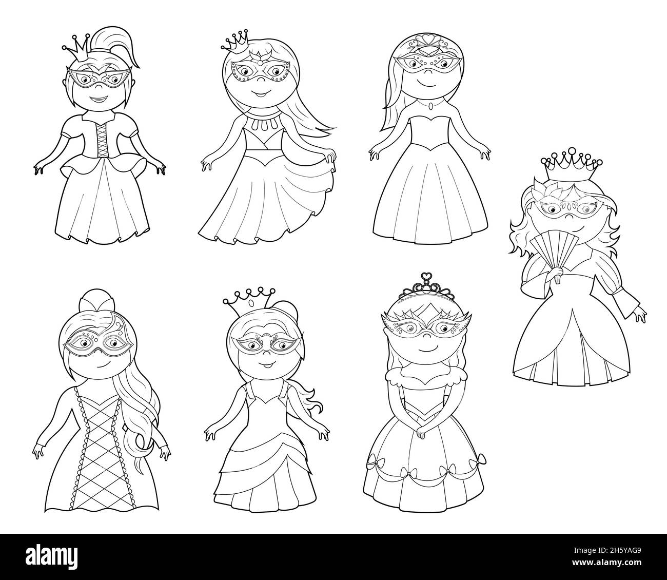 A coloring book a cute princess in a dress a mask and a crown vector cartoon illustration isolated on a white background stock vector image art