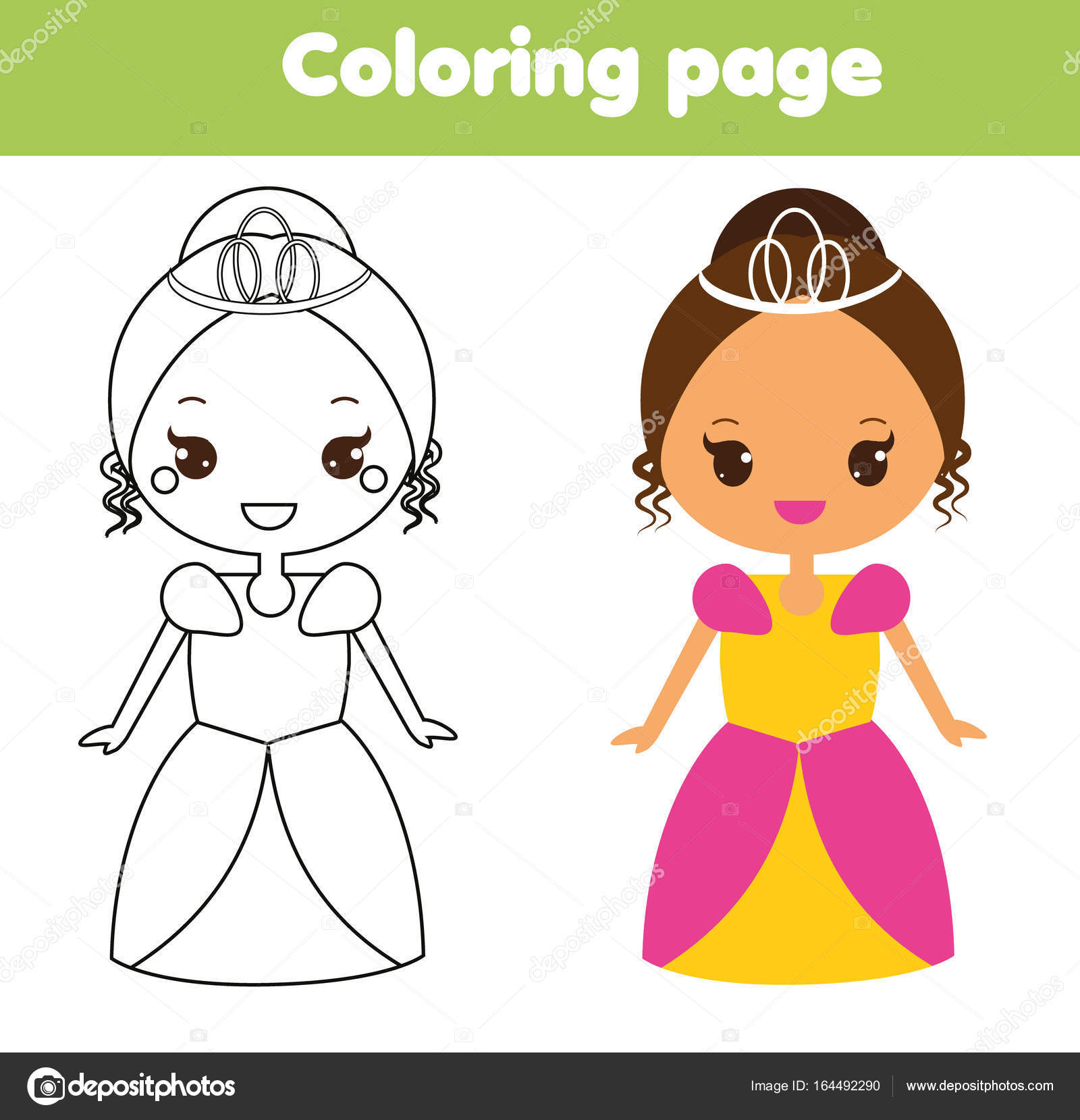 Cute princess coloring page drawing educational game for toddlers kids printable activity stock vector by ksuklein