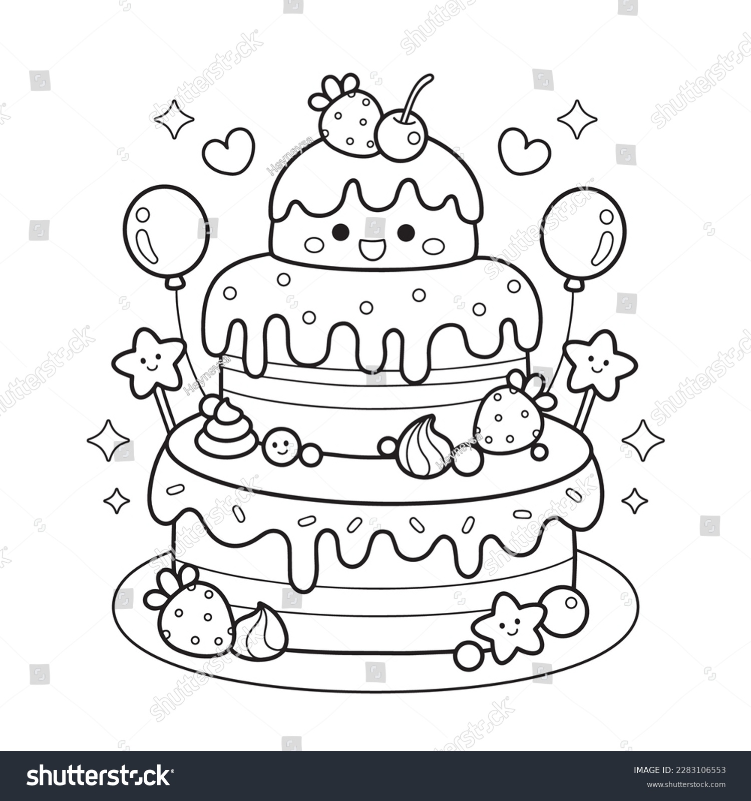Cute kawaii birthday cake printable coloring stock vector royalty free