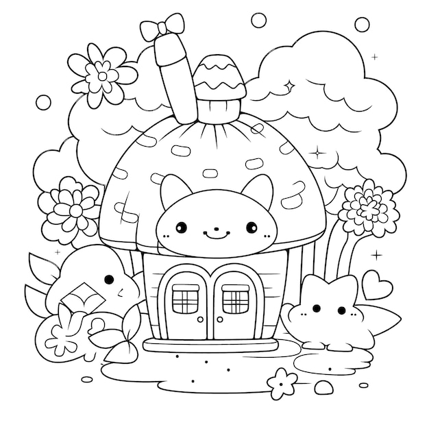 Premium vector cute kawaii black and white coloring page for kids and adults line art simple cartoon style happy cute and funny