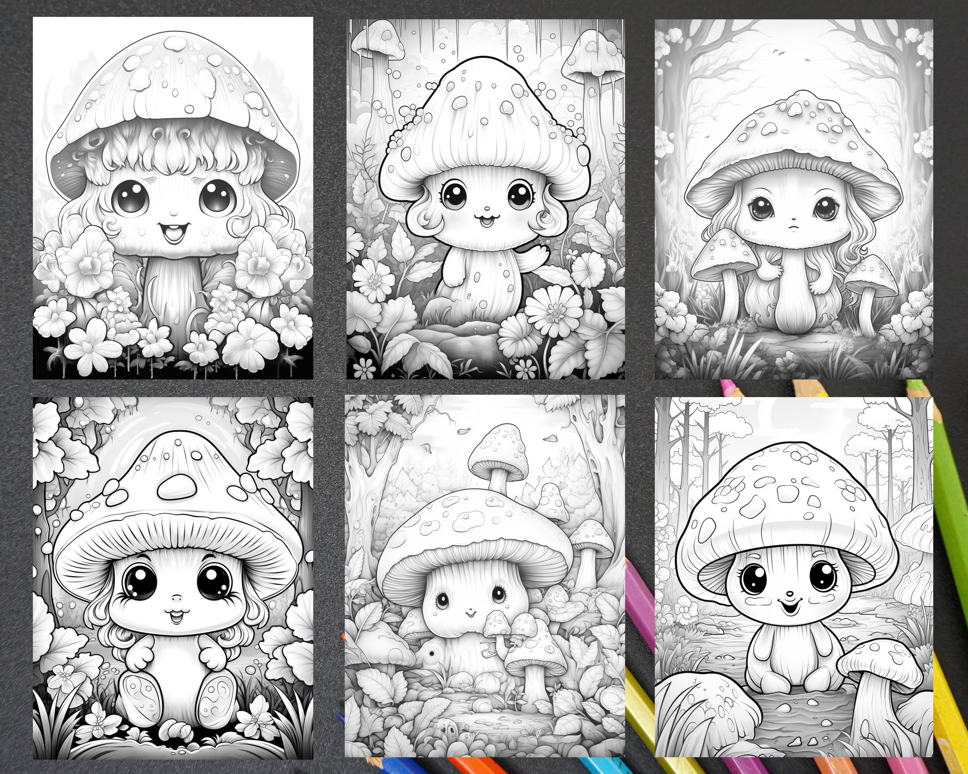 Kawaii mushrooms grayscale coloring pages for adults printable pdf â coloring