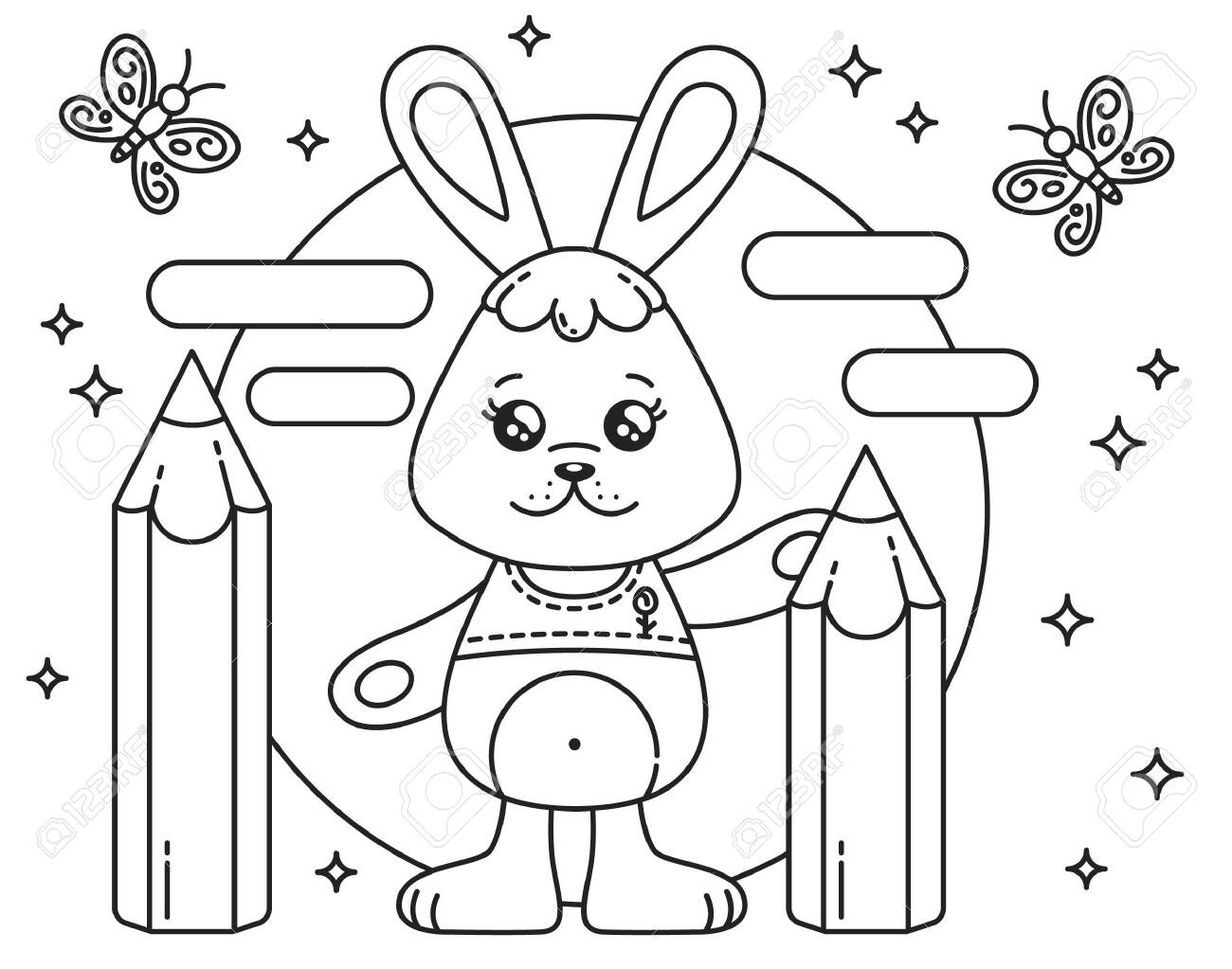 Cartoon kawaii bunny rabbit with pencils butterfly and sparkles vector outline coloring page illustration on the white background best for greeeting card poster stiker web royalty free svg cliparts vectors and stock
