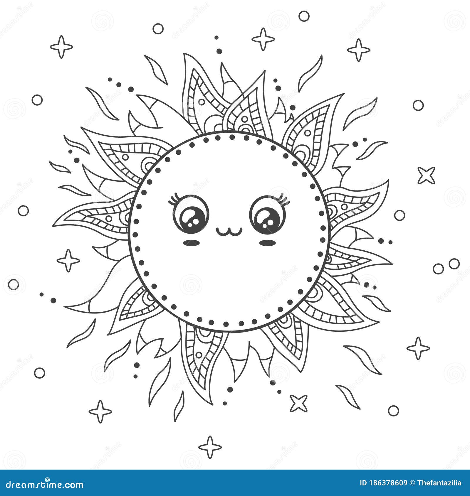 Kawaii smiling sun with sparkles ornamental doodle mandala outline coloring page stock vector