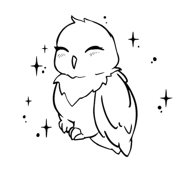 Premium vector kawaii little owl with shine sparkles on background hand drawn vector sketch doodle illustration for t
