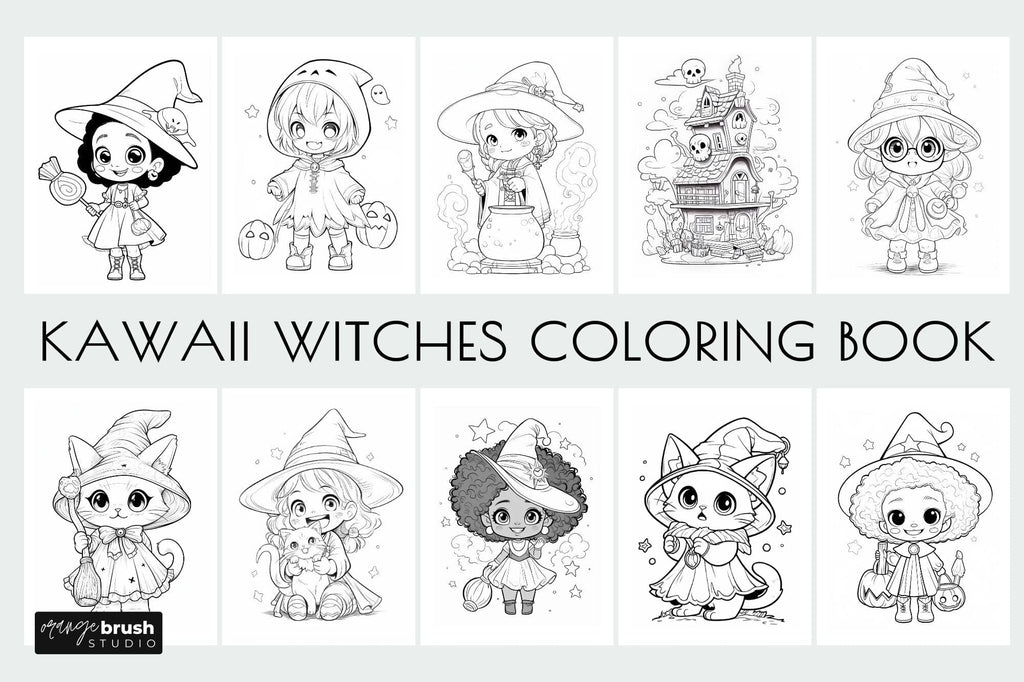 Kawaii witch coloring book halloween coloring page bundle
