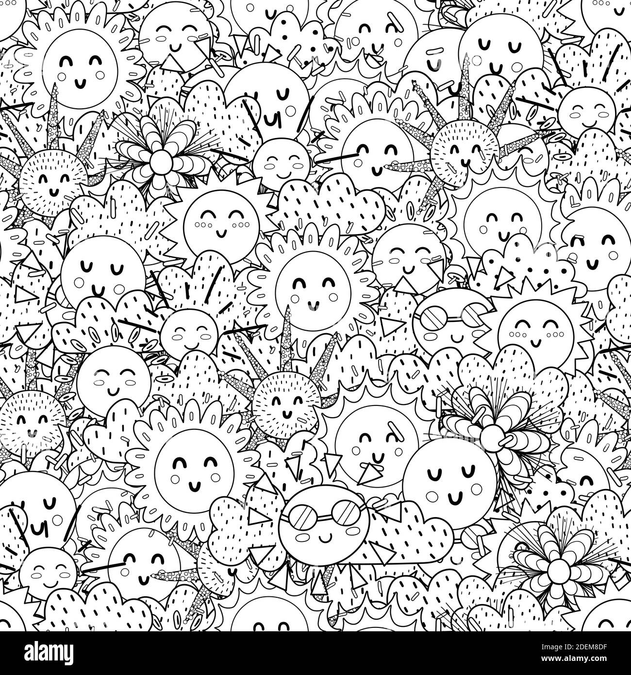 Black and white cute sun seamless pattern doodle summer anti stress coloring page stock vector image art