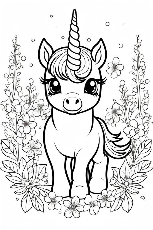 A printable template kids coloring page low details a cute cartoon unicorn in a garden blooming with flowers wide white spaces to color