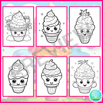 Ice cream coloring pages for kids kawaii style end of year summer party template