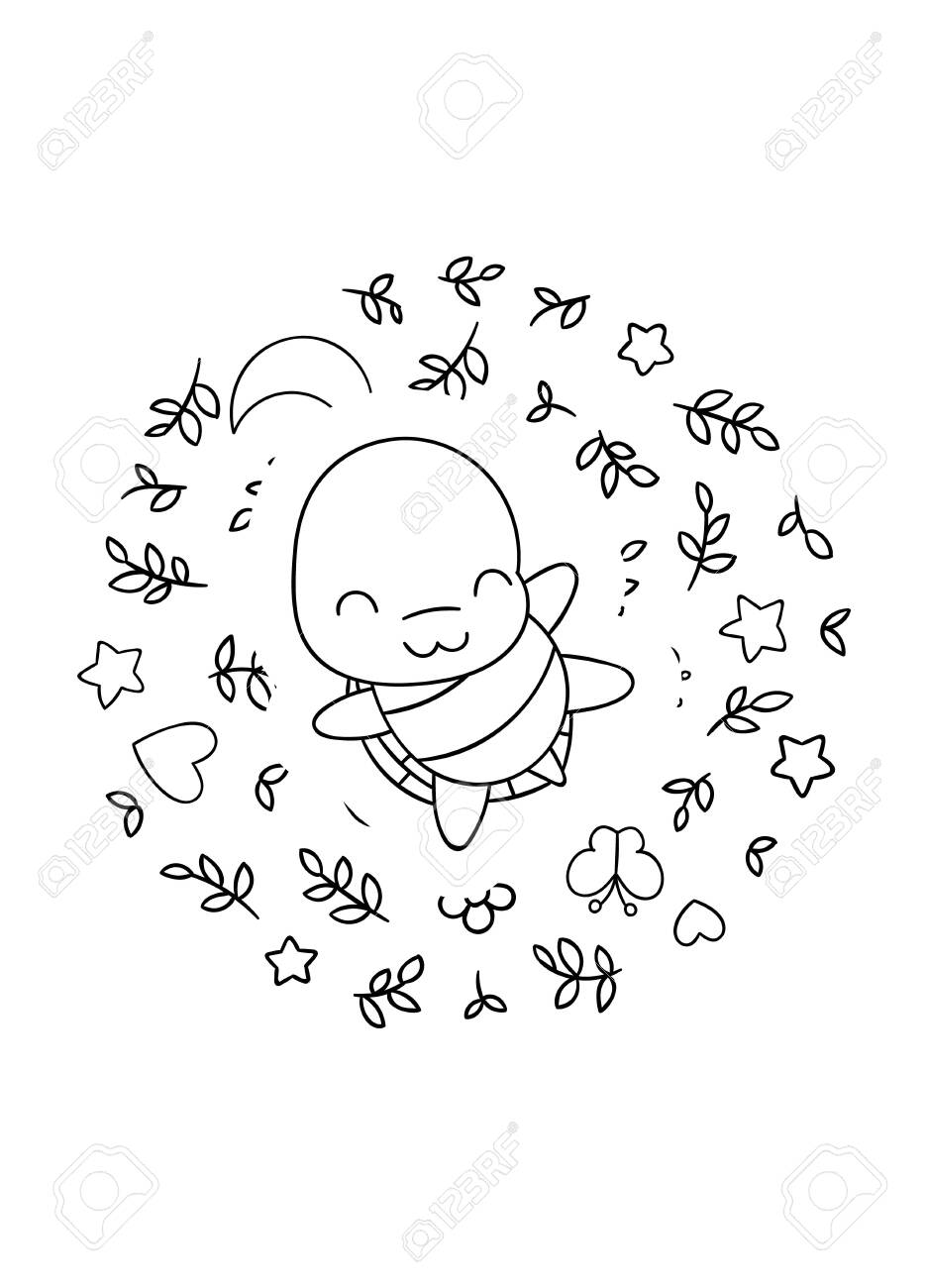 Coloring pages black and white cute kawaii hand drawn turtle doodles circle print print royalty free svg cliparts vectors and stock illustration image