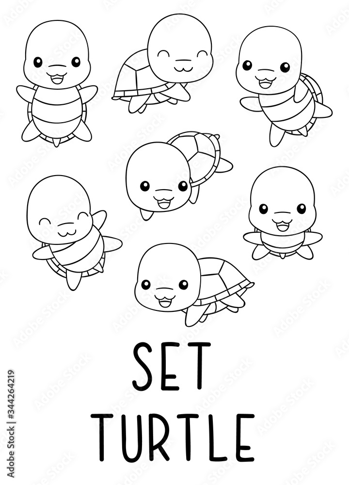 Coloring pages black and white set cute kawaii hand drawn turtle doodles vector