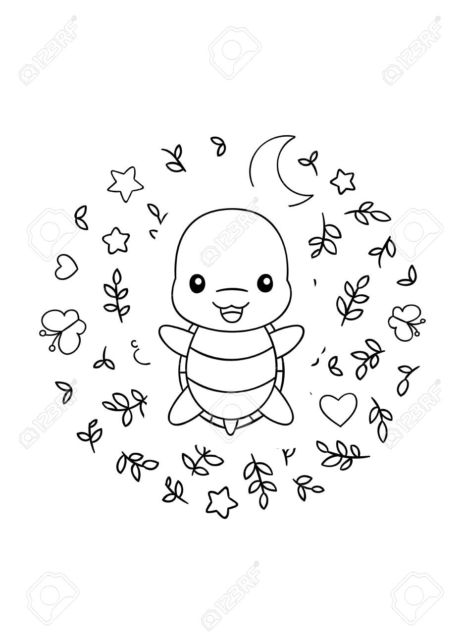 Coloring pages black and white cute kawaii hand drawn turtle doodles circle print print royalty free svg cliparts vectors and stock illustration image