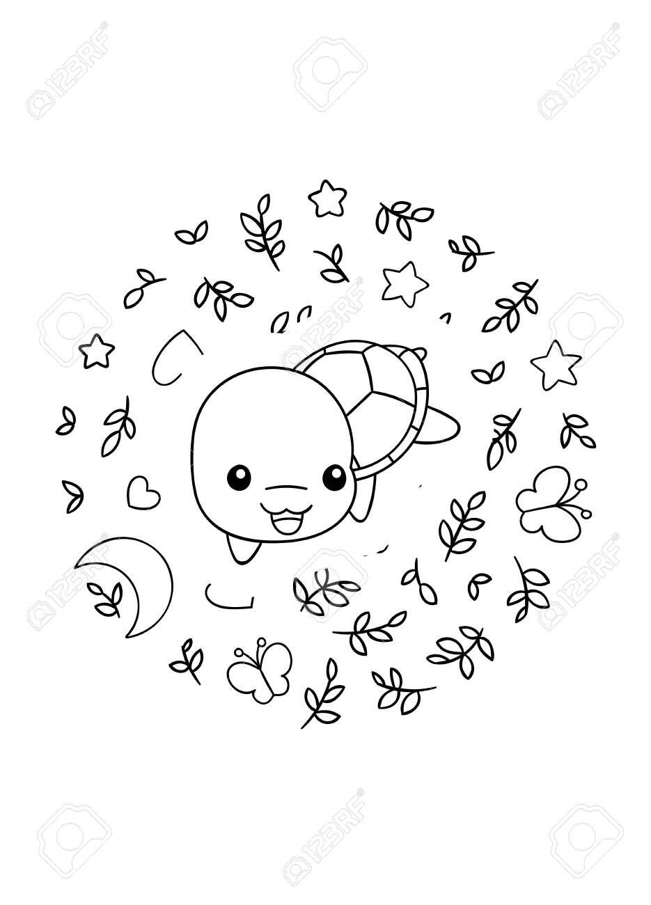 Coloring pages black and white cute kawaii hand drawn turtle doodles circle print print royalty free svg cliparts vectors and stock illustration image