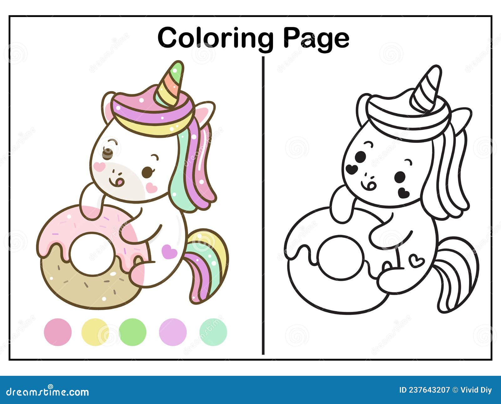 Coloring book pages cute unicorn cartoon with yummy donut kawaii vector animal horn horse fairytale illustration stock vector