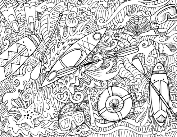 Digital coloring page kayaks and sups for adults instant