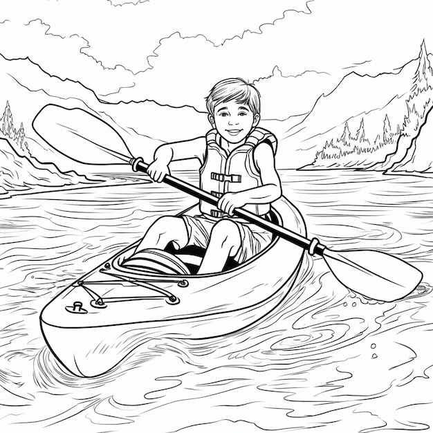 Premium ai image vector a cute and funny coloring page of a boy kayaking provides hours of coloring fun for children color
