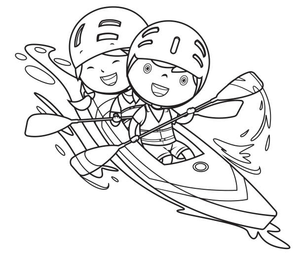 Coloring book boy and girl with canoe stock illustration