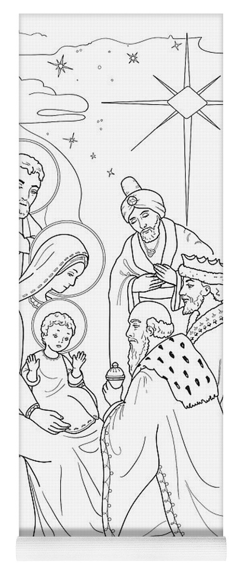 Christmas coloring page with baby jesus mary joseph three wis yoga mat by olha zolotnyk